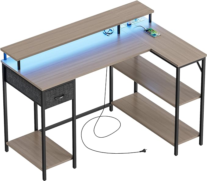 L Shaped Gaming Desk with LED Lights & Power Outlets, Reversible Computer Desk