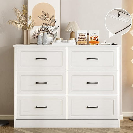 Dresser for Bedroom, 6 Drawer Wide Dresser Organizer with Charging Station