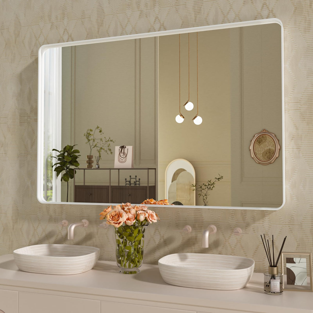 White Bathroom Mirror 48X30 Inch, Rounded Rectangle White Metal Frame Mirror,