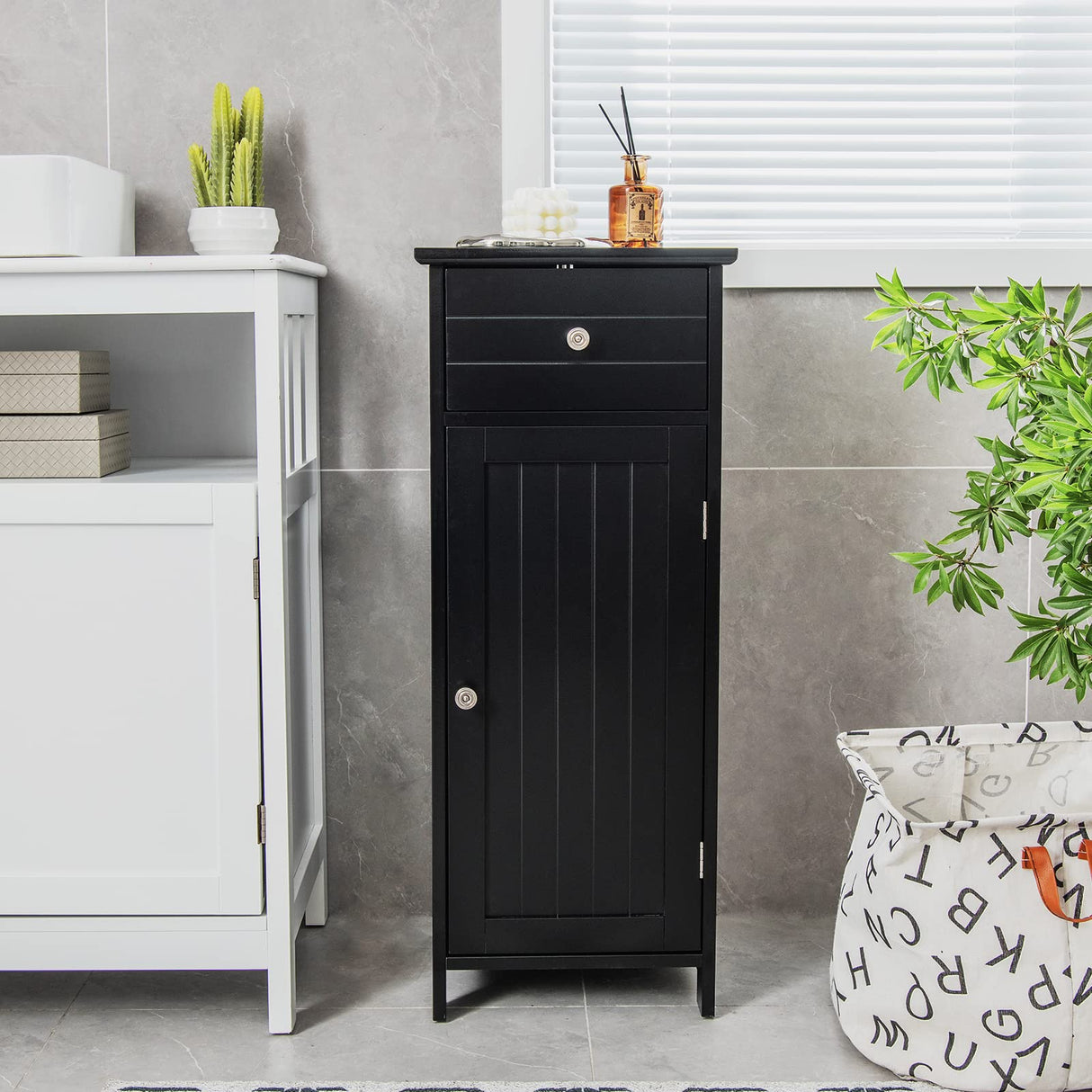 Bathroom Floor Cabinet, Freestanding Storage Cabinet with Adjustable Shelf and Drawer