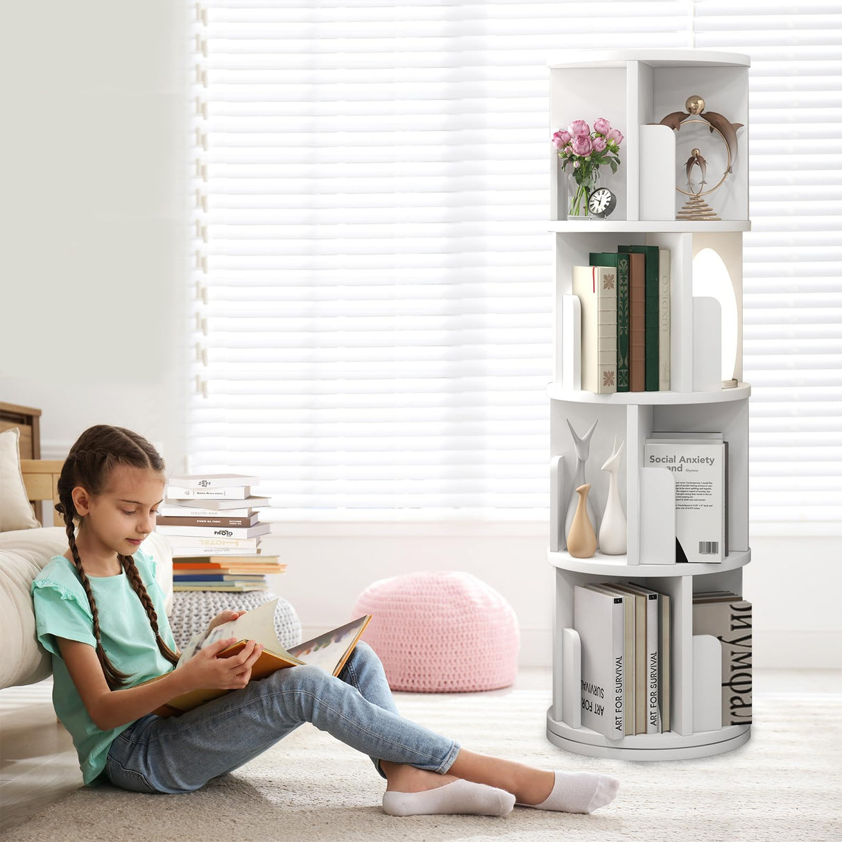 oneinmil 360° Rotating Bookshelf, Small Corner Bookcase with Small Footprint, 4 Tier Standing Bookcase for Kids&Adults, Wood Bookshelf Designed for Living Room, White