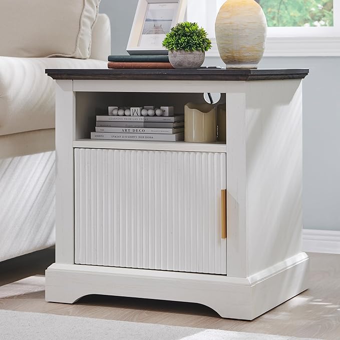 Fluted Nightstand with Charging Station, 22" Large Modern Side Table, Wood End Table