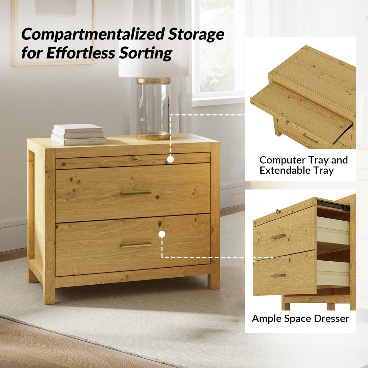 Nightstand with Drawers, Wood Nightstand Side Table with Storage and 1 Pull-Out Tray,