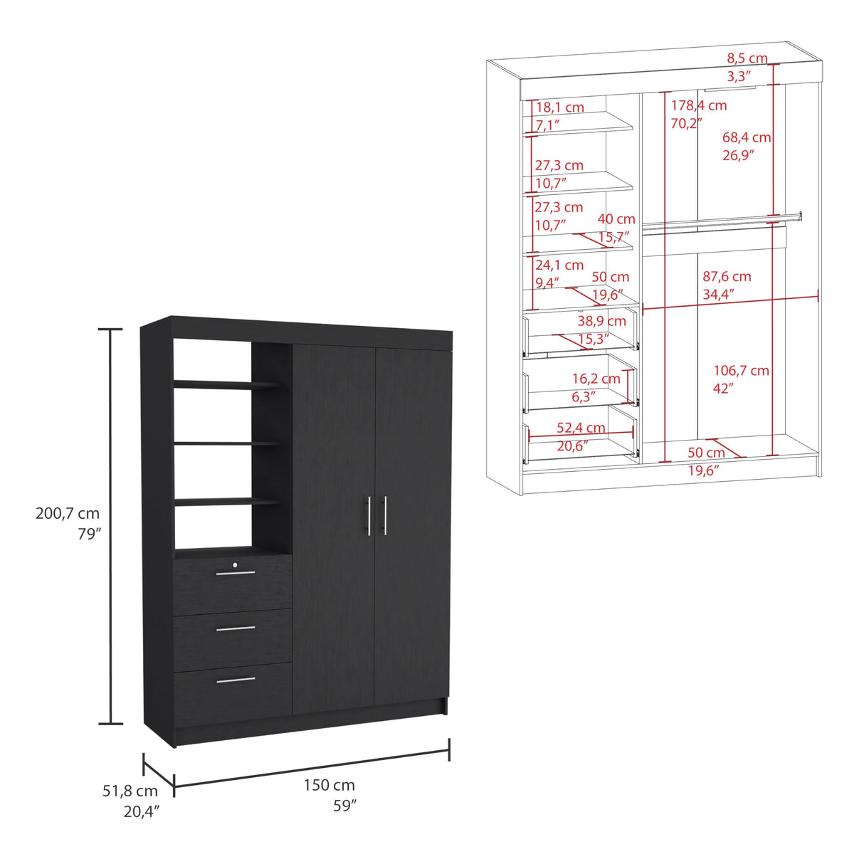 Kenya 3 Drawers Armoire, Double Door