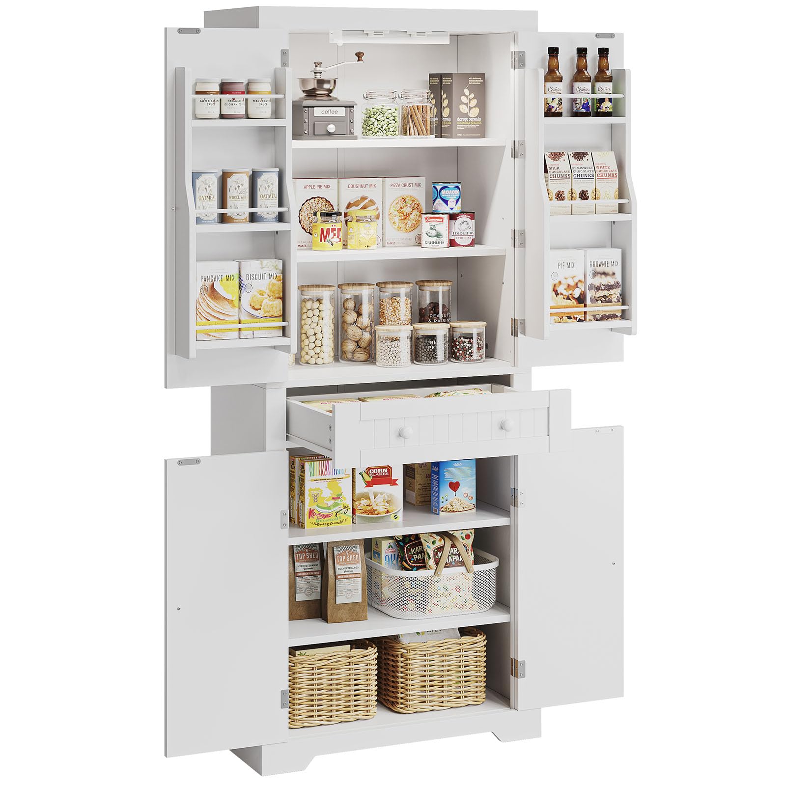 Bestier 72" Tall Kitchen Pantry Storage Cabinet with Doors, Adjustable Shelves & Drawer, Food Pantry Cabinet with Motion Sensor Light, Freestanding Cupboards for Dining/Laundry Room,Bathroom,White