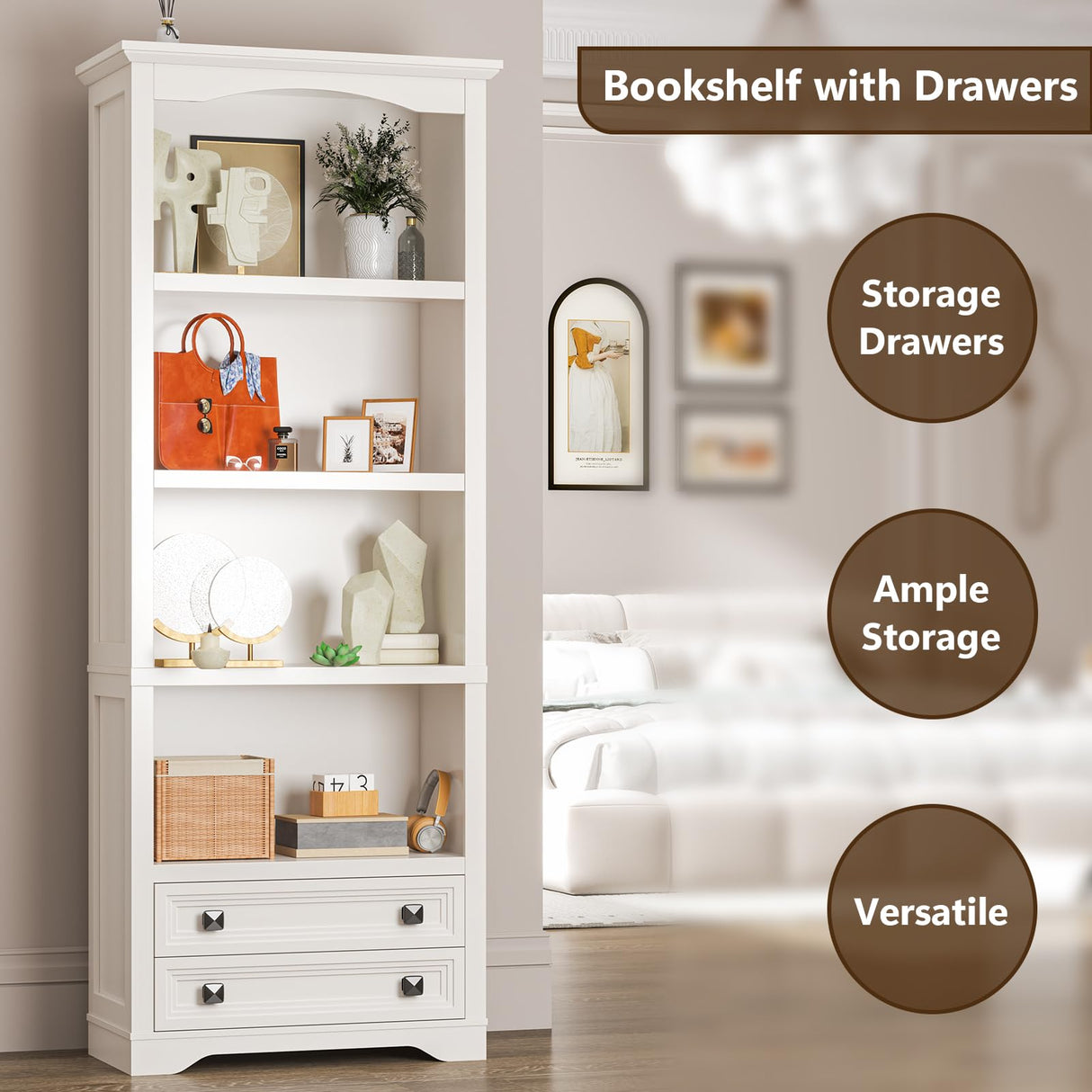 Bookcase with Storage Drawers, Wooden Bookcase with 4-Tier Open Shelves and 2 Drawers,