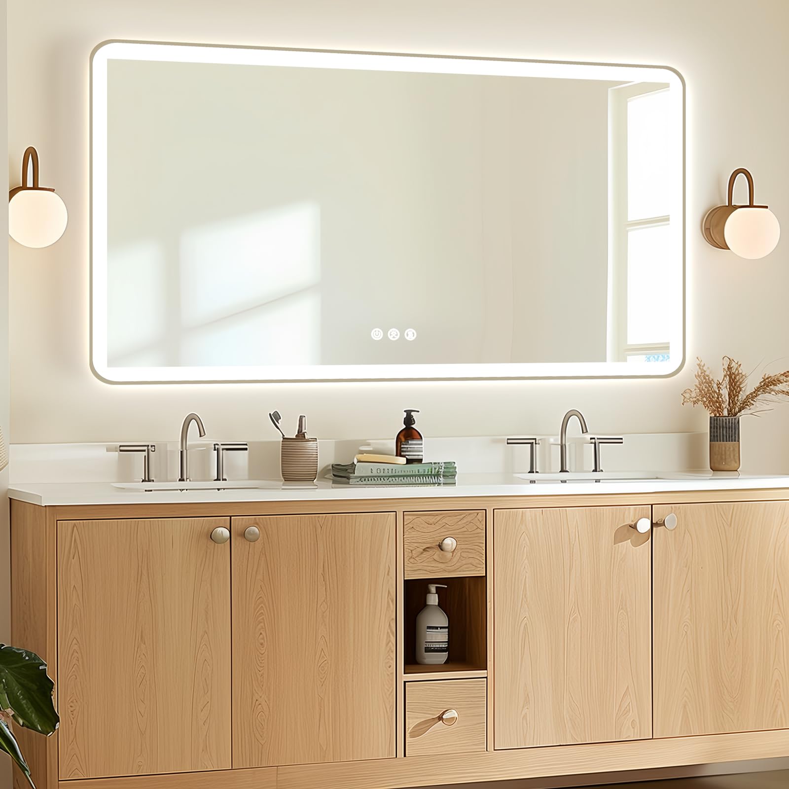 60x28 LED Mirror for Bathroom, Front and Backlit, Rounded Corner Frameless