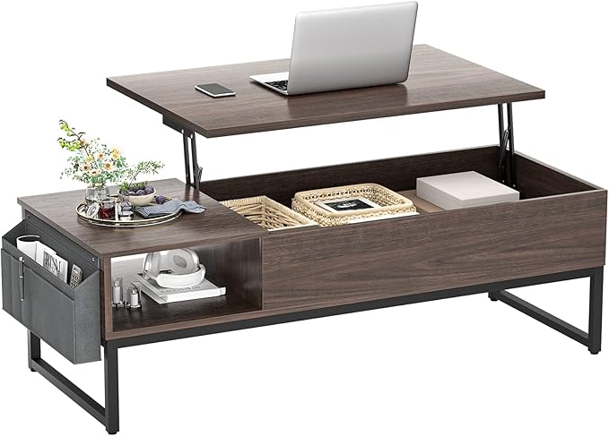 Lift Top Coffee Table with Storage, Wood Lifting Top Central Table Metal Frame