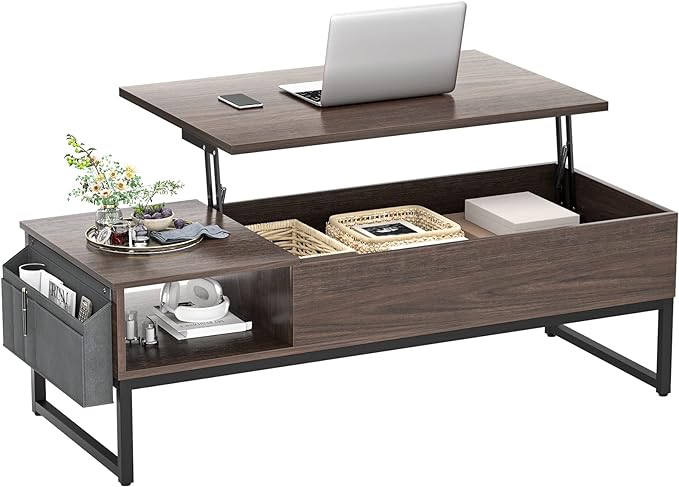 Top Coffee Table with Storage, Wood Lifting Top Central Table Metal Frame