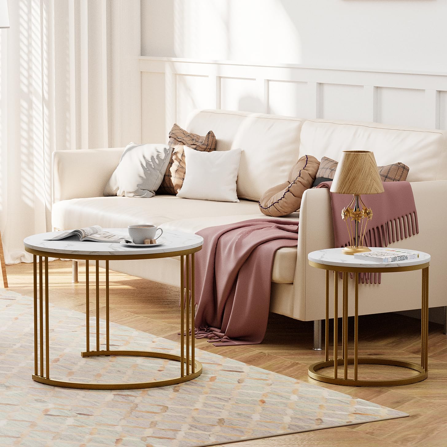 Coffee Table Faux Marble Nesting Table for Small Place 2 Sets Modern Furniture Living Room Sets