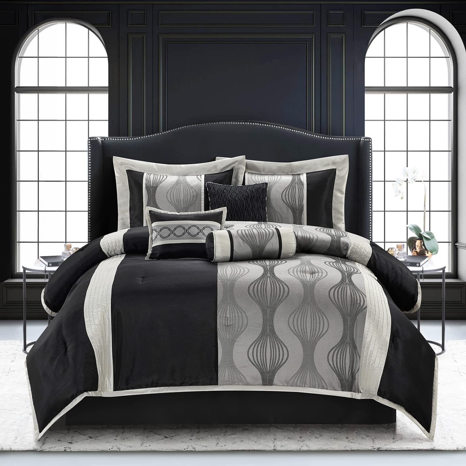 Black and Silver Striped Comforter Set - King Size 7 Piece