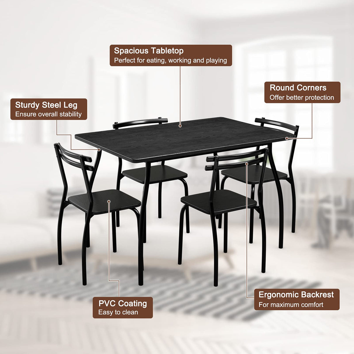 5Pcs Dining Table Set for 4, Modern Metal and Wood Indoor Rectangular Dining