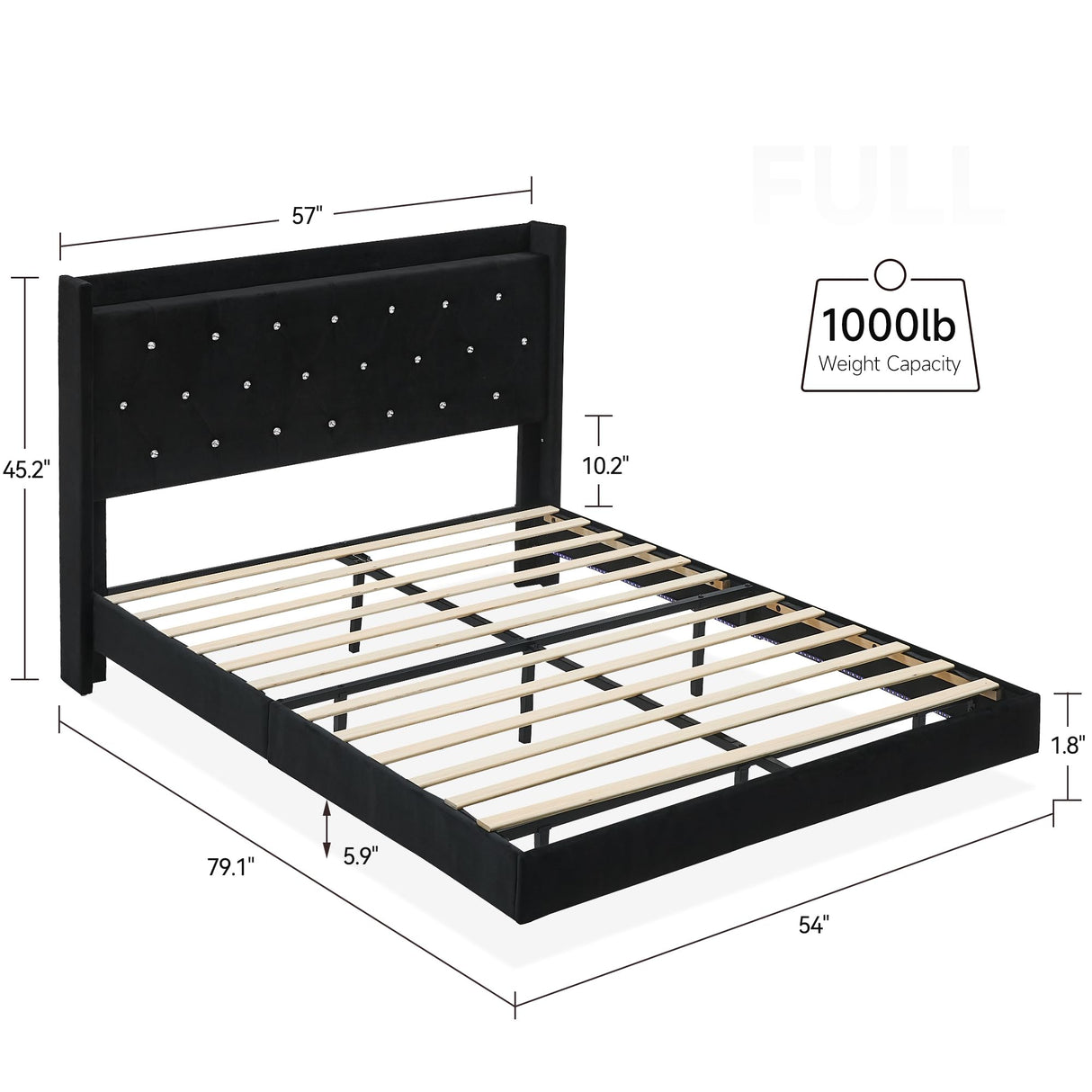 Floating Bed Frame Full Size with LED Lights, Modern Upholstered Platform Full Bed Frame