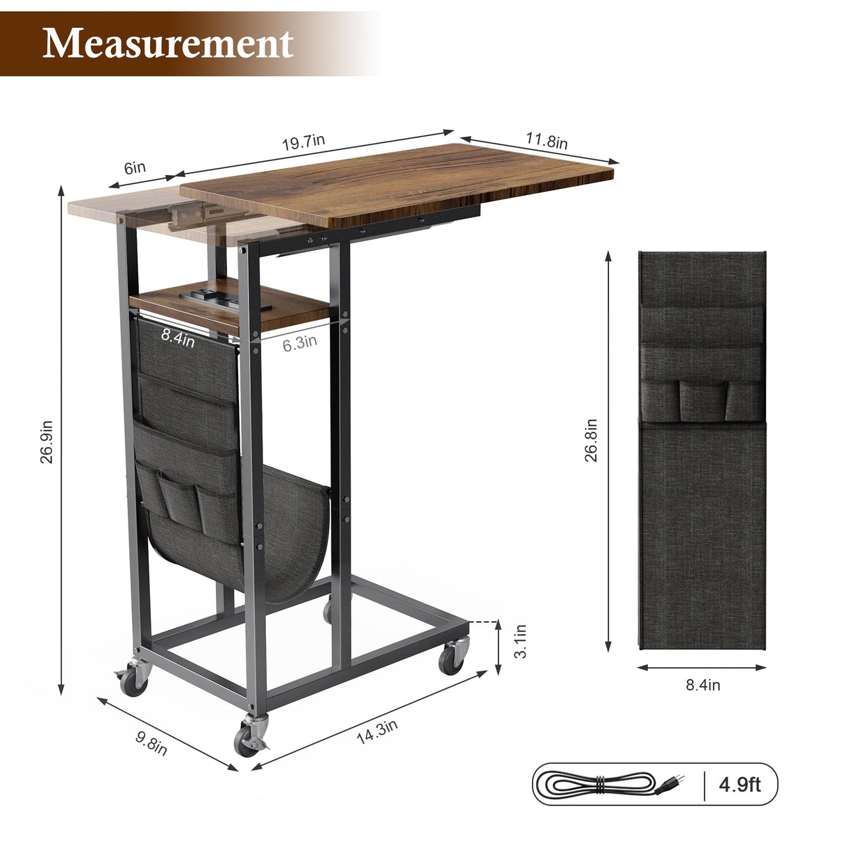 Shaped Slide Cover End Table with Charging Station, Narrow Sofa Side Table