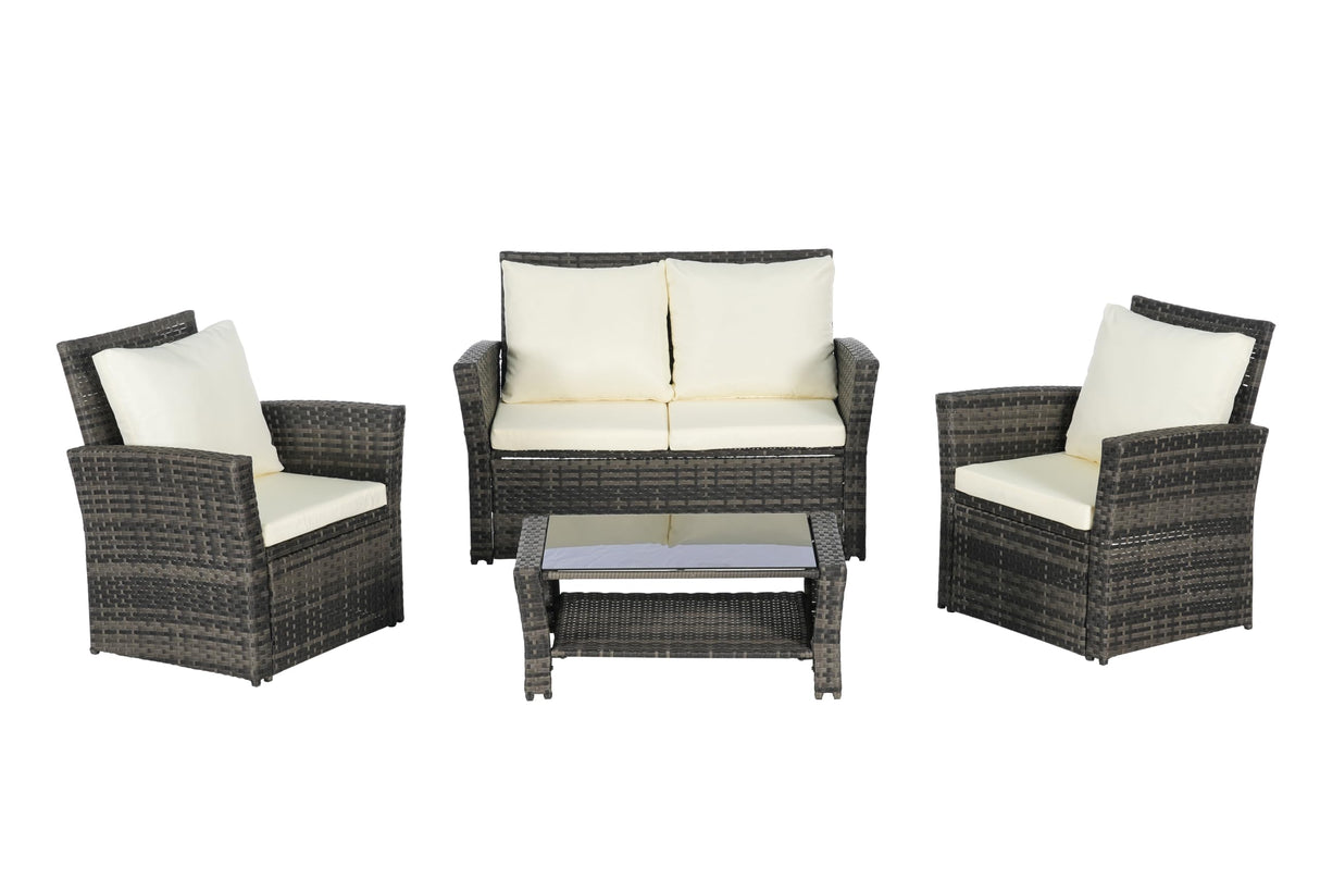 4 Pieces Outdoor Patio Furniture Set with Rattan Chairs and Tempered Glass Table