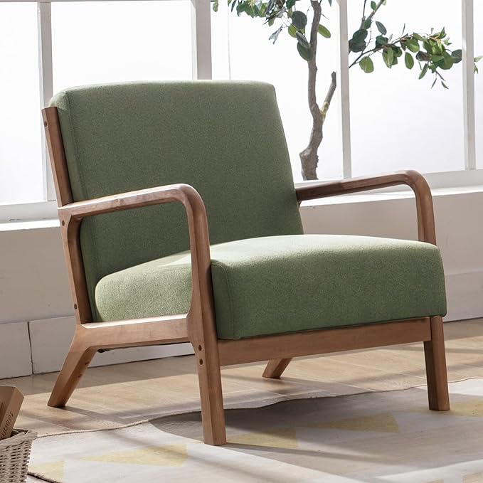 Mid Century Modern Accent Chair, Comfy Fabric Living Room Chairs with Solid Wood