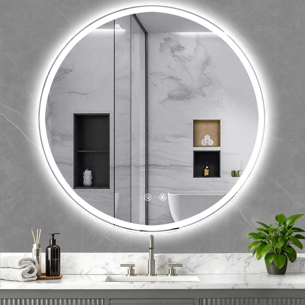 36 Inch Round LED Bathroom Mirror - Dimmable with 3 Color Modes & Anti-Fog