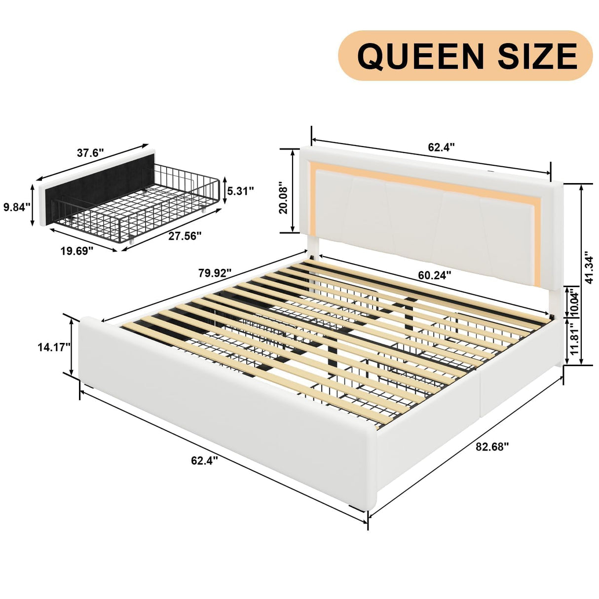 Queen Platform Bed with Storage Drawers and LED Lighting