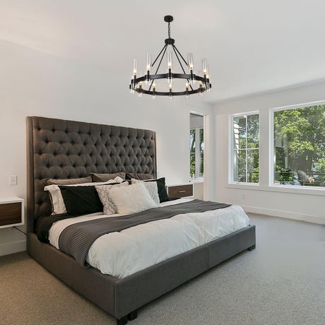 36 Inch Black Wagon Wheel Chandelier with Glass Shade