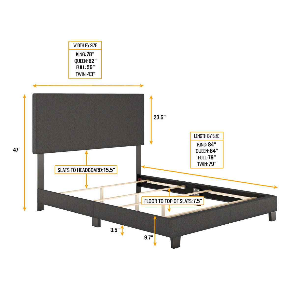 Sleep Sync Tivoli Charcoal Linen Upholstered Platform Bed Frame in Four Sizes Full Glam, Modern & Contemporary