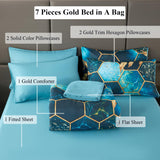 Turquoise Gold Hexagon Queen Comforter Set, 7Pcs Honeycomb Bed