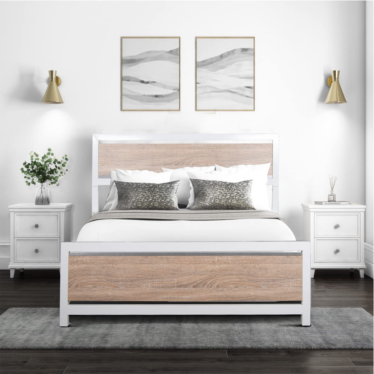 Bed Frame with Industrial Wooden Headboard and Footboard Strong Metal Support Frame