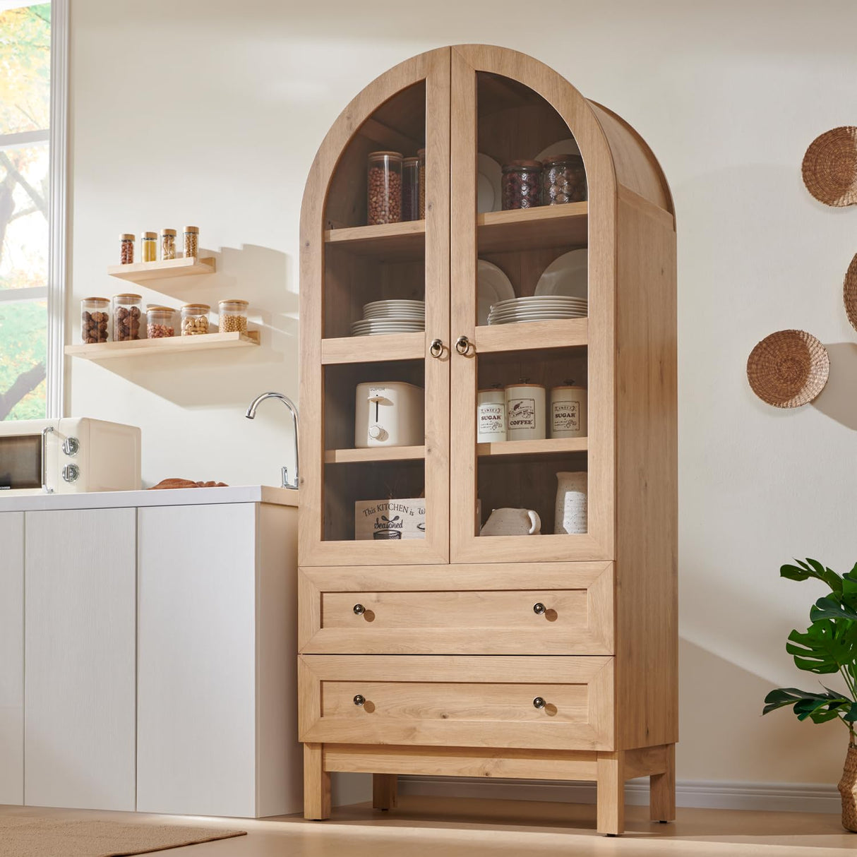 71" Tall Arched Kitchen Pantry, Modern Farmhouse Wood Kitchens Storage Cabinets