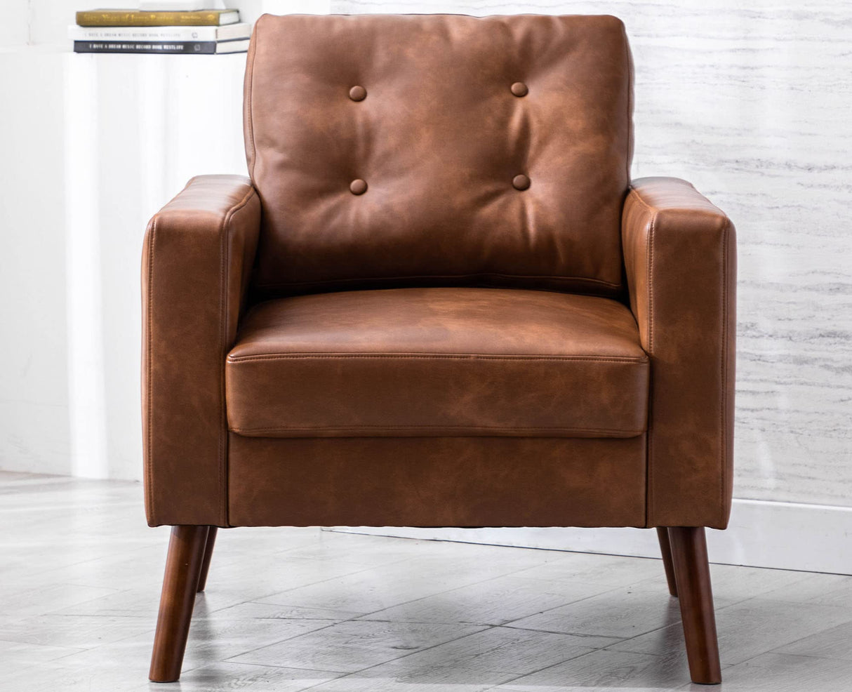 Tufted Accent Arm Chair with Wood Legs, PU Faux Leather Comfy Upholstered Single