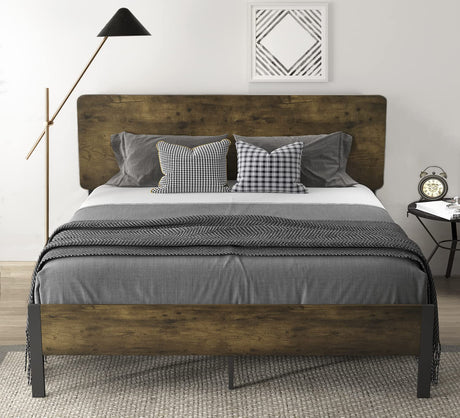 Full Size Metal Platform Bed Frame with Wooden Headboard and Footboard