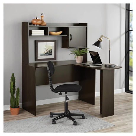 Office Desk, Modern L-Shaped Desk with Hutch, Black Oak (Color : Brown)