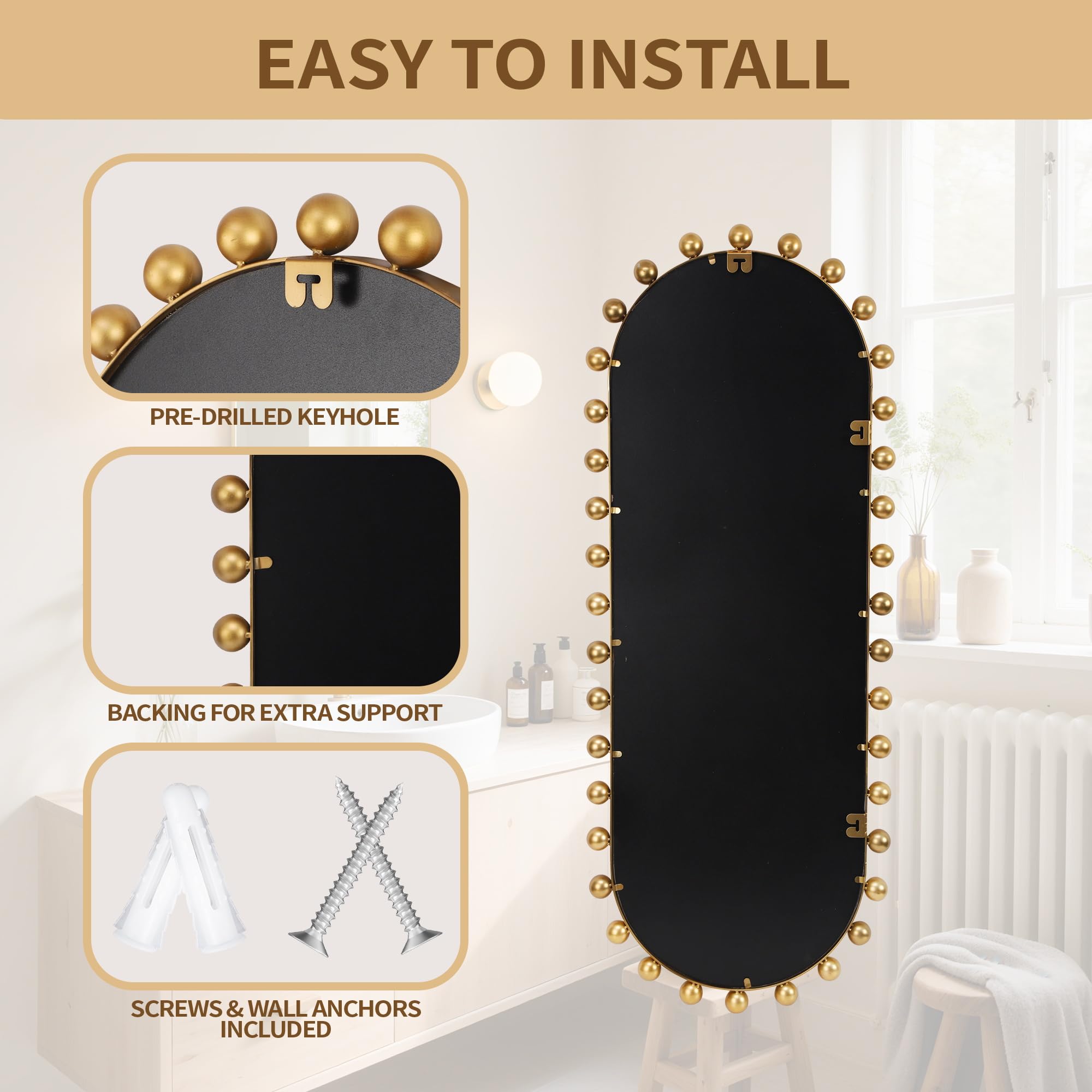 Oval Full-Length Mirror 20x51 - Antique Gold Beaded Beveled Wall Mirror