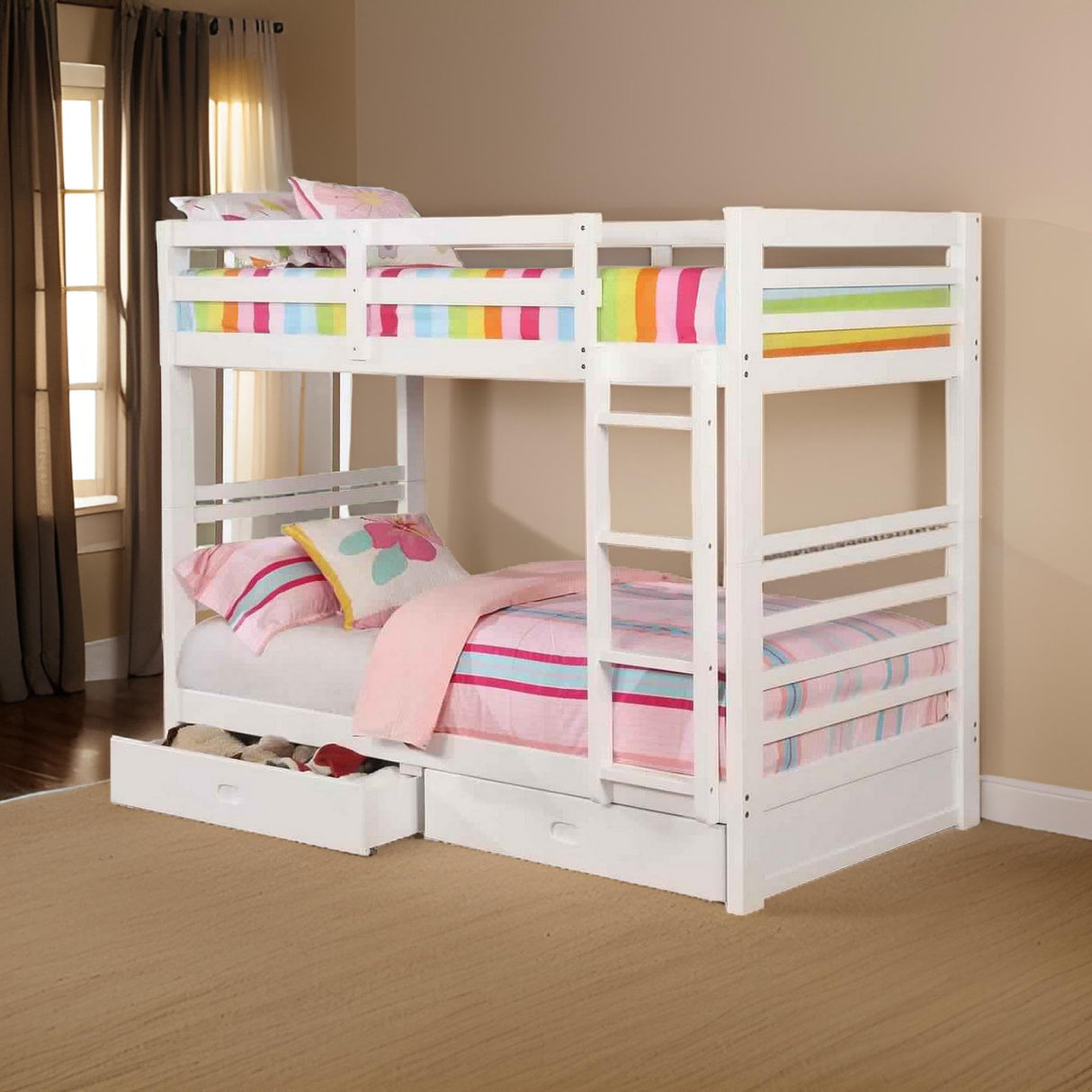 Bed with Attached Ladder and Drawers, White