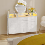 White LED Dresser for Bedroom, Dresser with 9 Drawers and Charging Station, Fabric