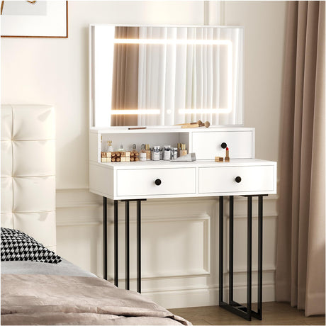 White Vanity Desk with Mirror, Metal Vanitys with 3 Drawers