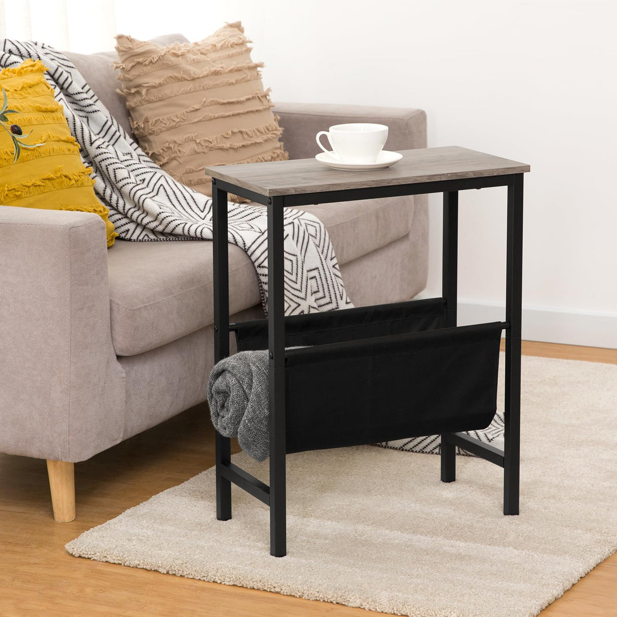 Narrow End Table, Side Table for Small Spaces, Slim Nightstand with Magazine Holder