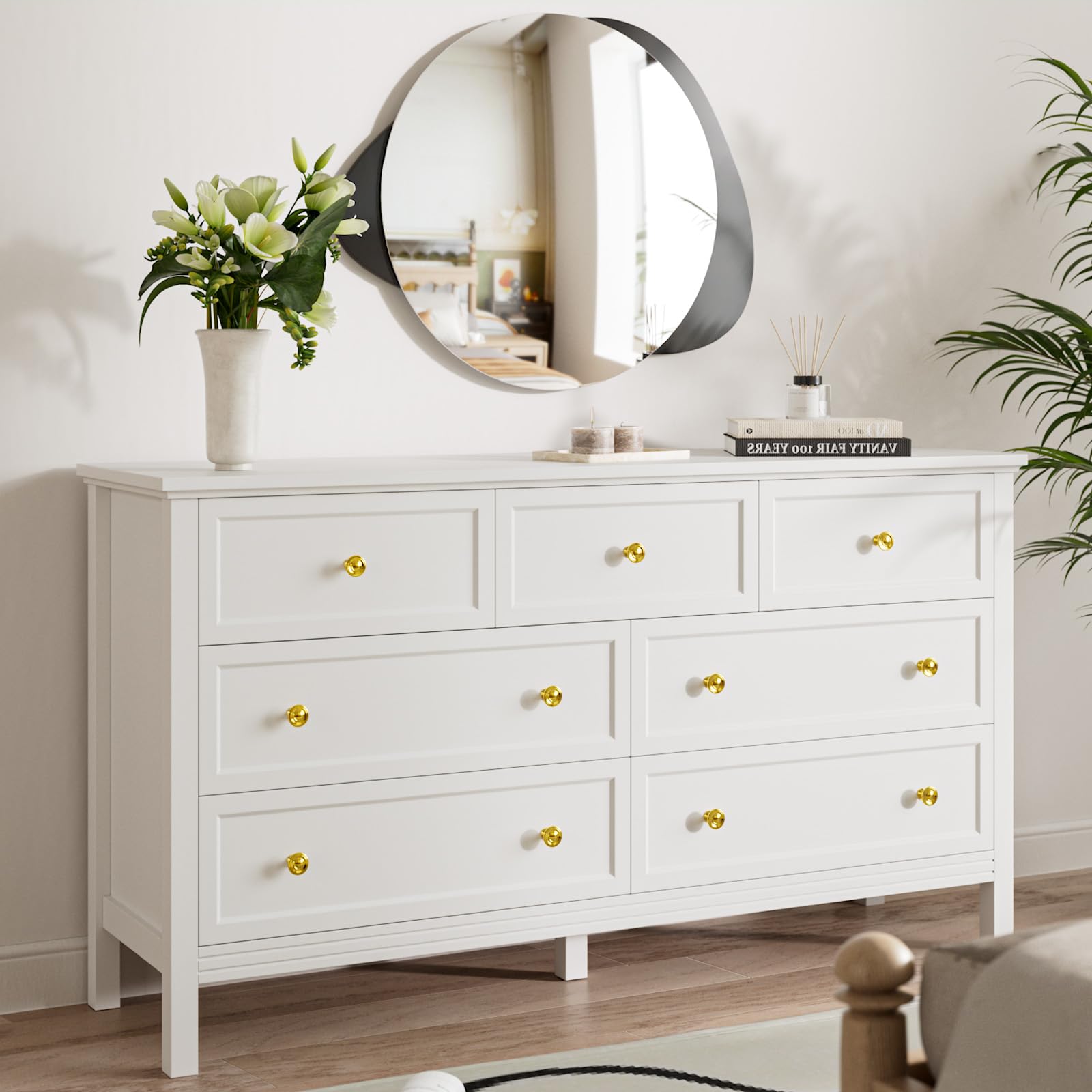 White Dresser for Bedroom with 7 Drawers, 55'' Large Wood Dresser