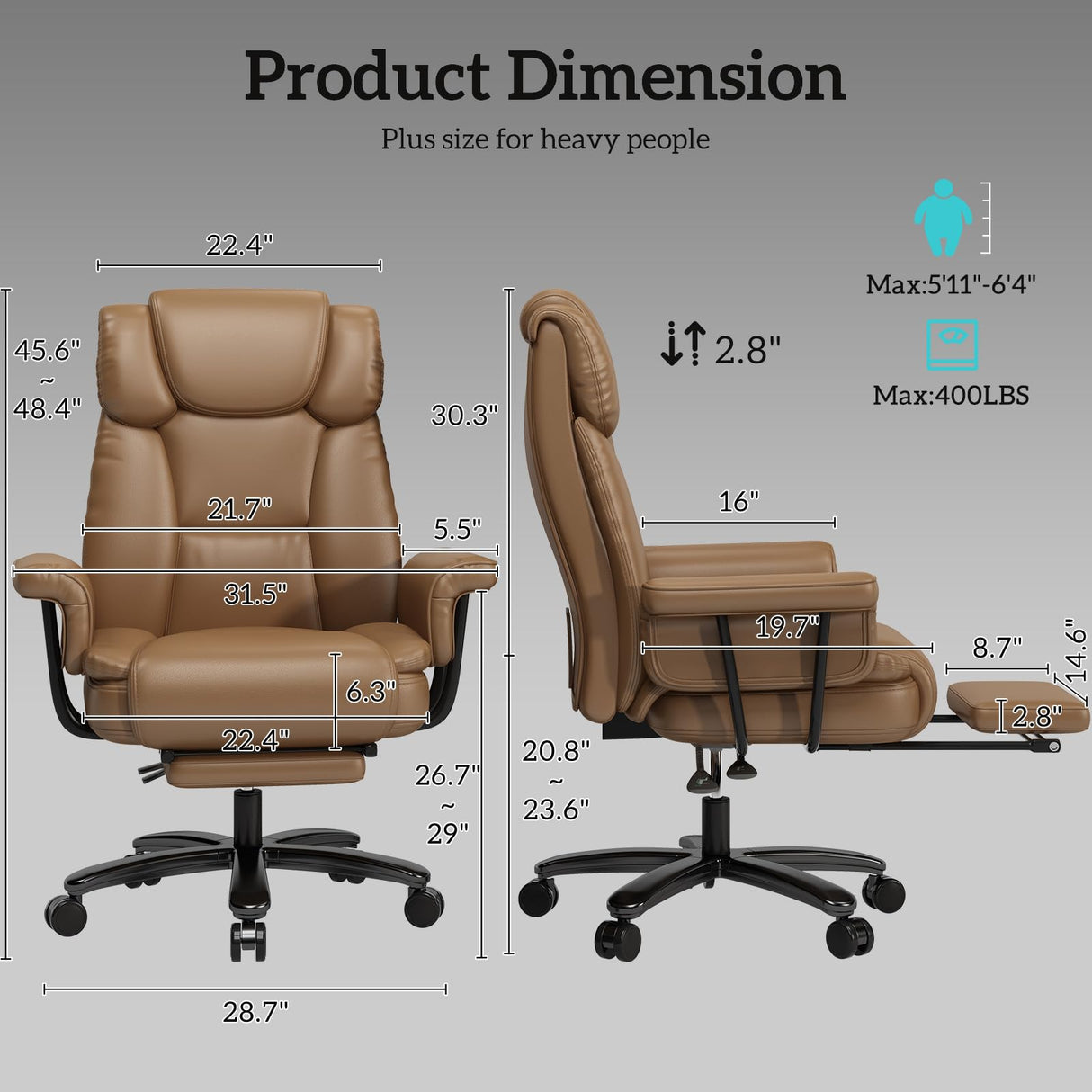 Big and Tall Office Chair 400LBS with Wide Seat and Arms, 160° Reclining Office Chair