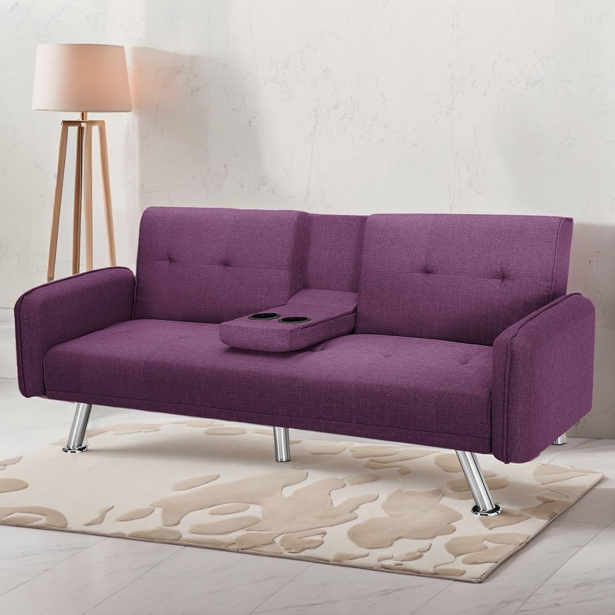 Sleeper Sofa Bed with Adjustable Backrest & Cup Holders, Futon Set with Metal Legs