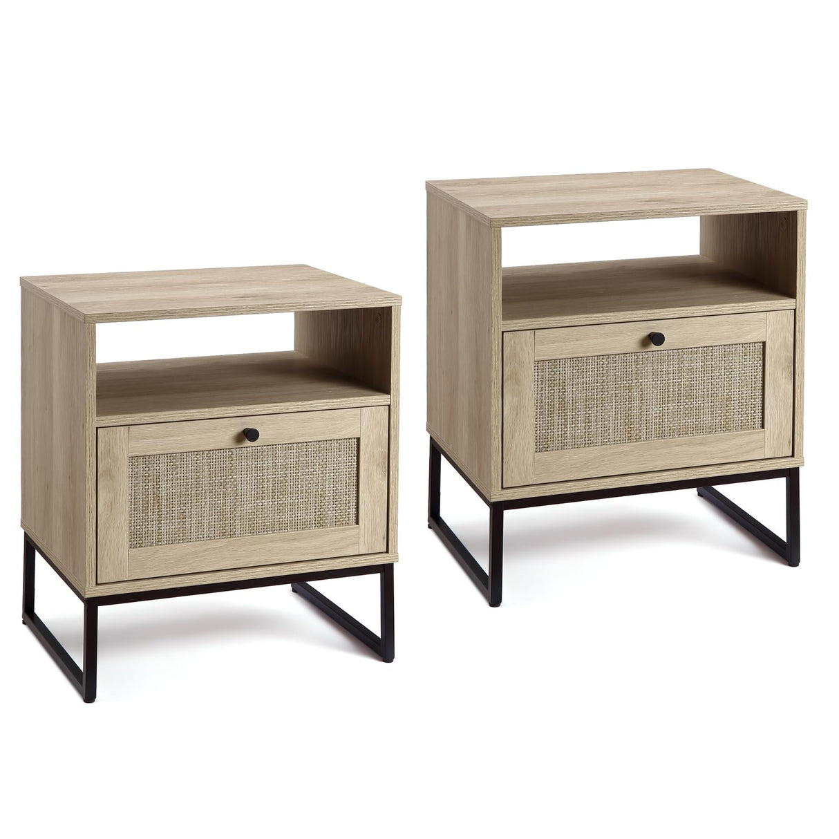 Rattan Nightstand Set of 2, Side Table with Storage, Modern Boho End Table