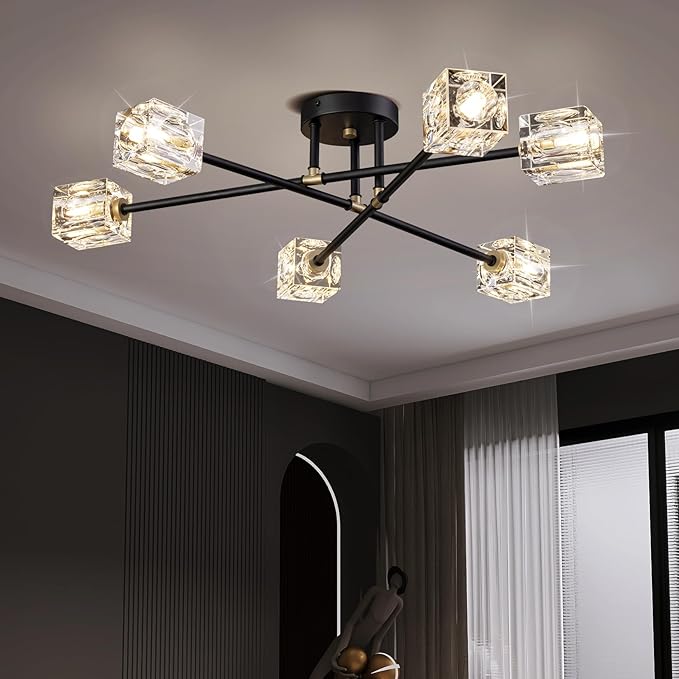 Semi Flush Mount Ceiling Light Fixture Modern 6 Lights Gold Crystal Chandelier,