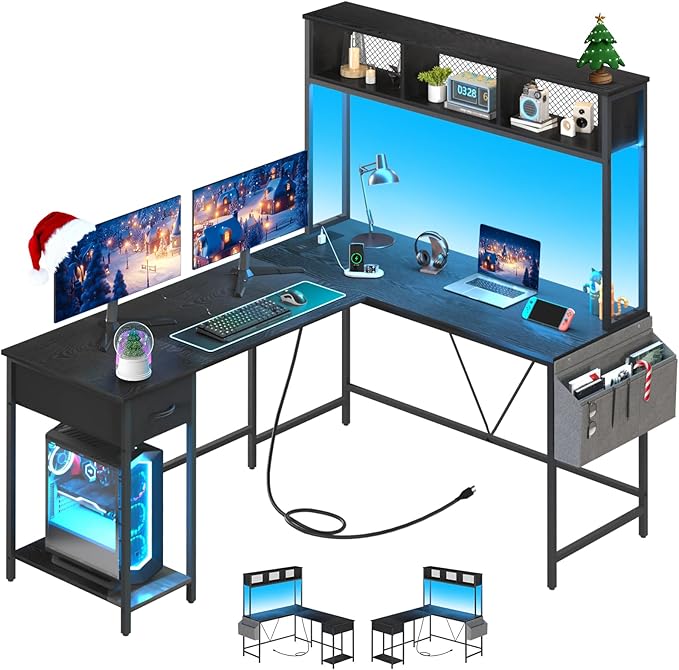 Shaped Desk Gaming Desk with LED Strip & Power Outlet, Reversible L-Shaped Computer