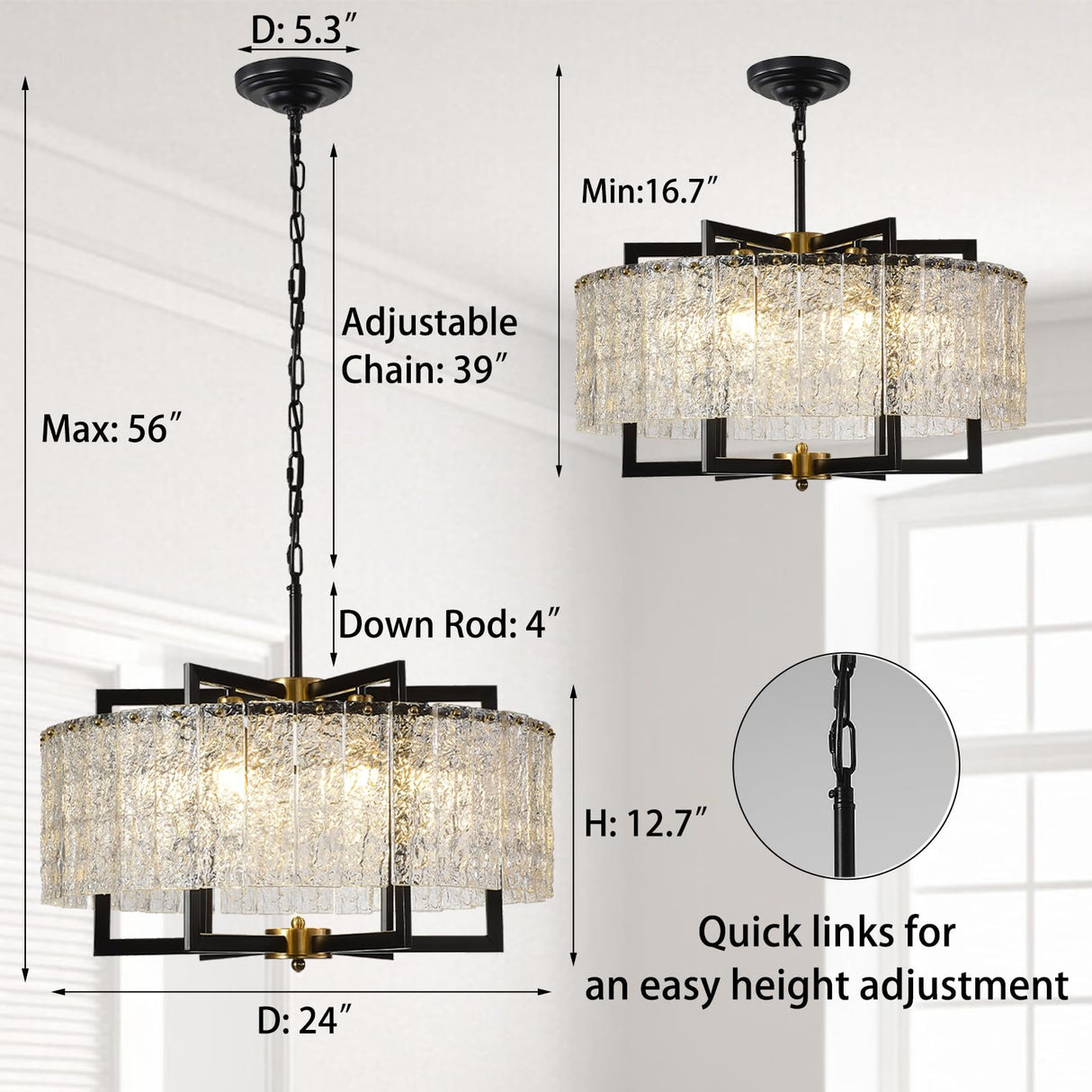 Crystal Drum Chandelier 6 Lights 23.6 inch, Modern Farmhouse Black Lighting Fixture