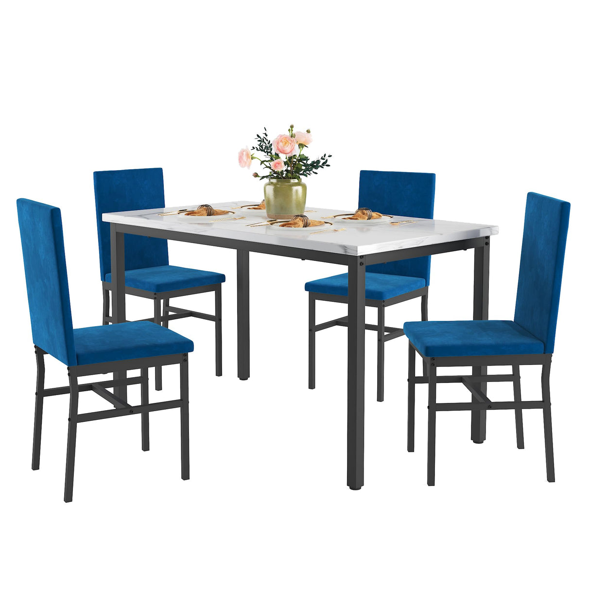 5-Piece Faux Marble Dining Table Set with Velvet Chairs