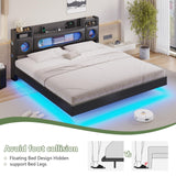 King Floating Bed Frame with LED Lights & Storage Headboard
