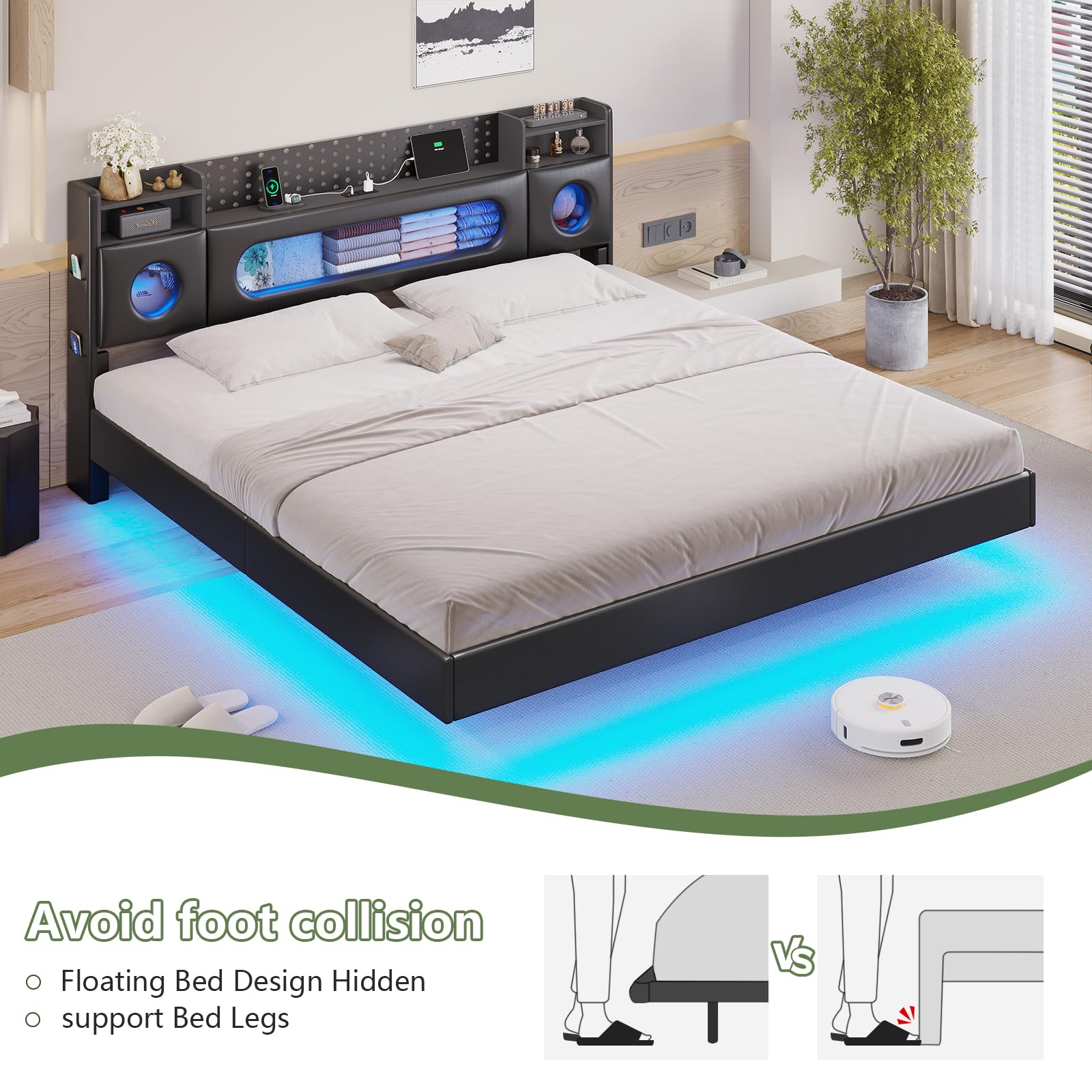 King Floating Bed Frame with LED Lights & Storage Headboard