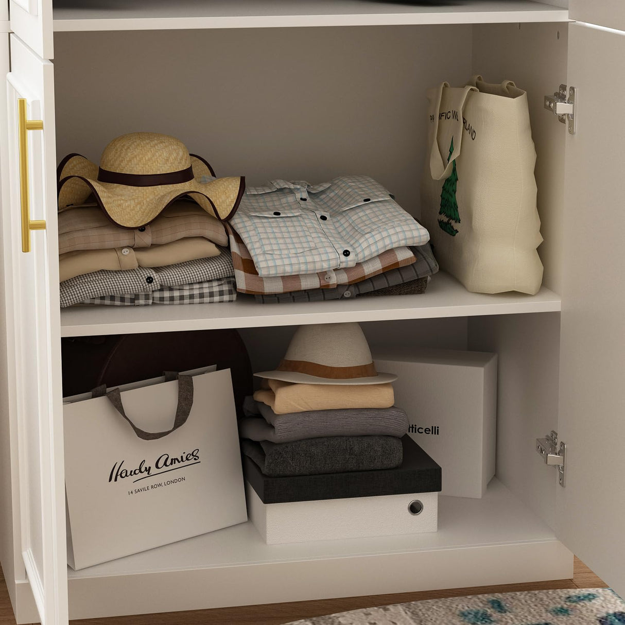 White Wardrobe Armoire with 4 Doors, 3-Tier Shelves & Hanging Rod