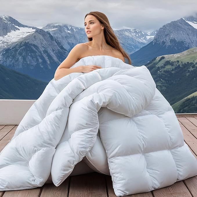 Wellos Luxury Goose Feather Down Comforter Queen Size 900+ Fill-Power, 1600TC/DM Cotton Blend Fluffy and Cozy Down Duvet Insert, All Season Premium Medium Warmth Down Comforter