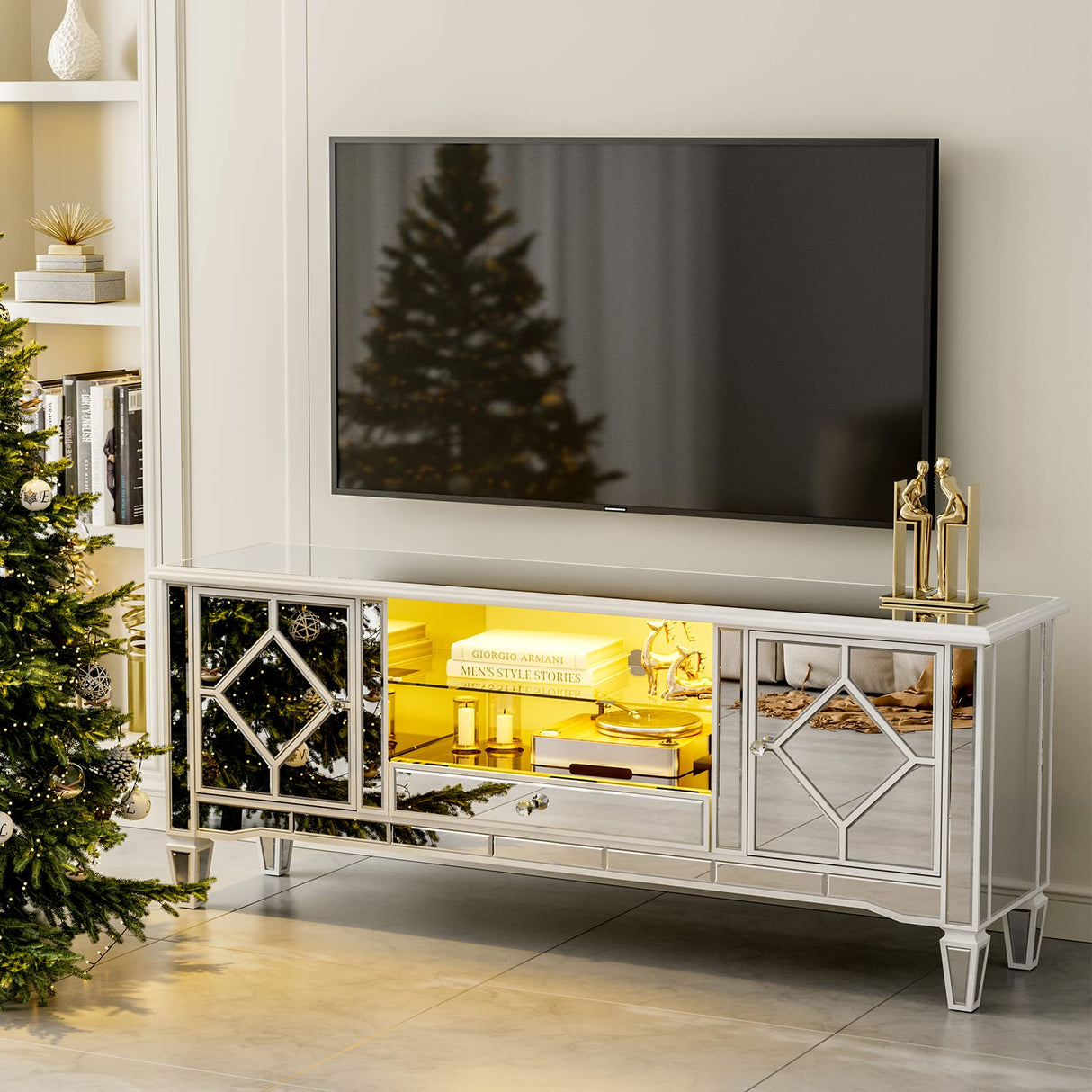 Mirrored LED TV Stand for 65+ inch TV, Silver Entertainment Center with LED Lights