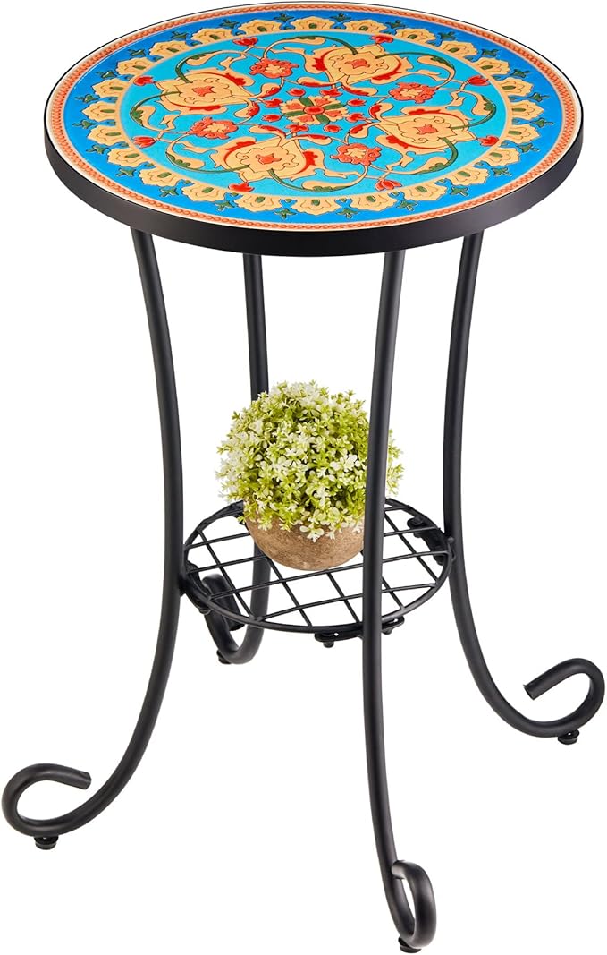 Patio Side Table and Plant Stand, 21" End Table with 14" Ceramic Tile Top for Porch Garden