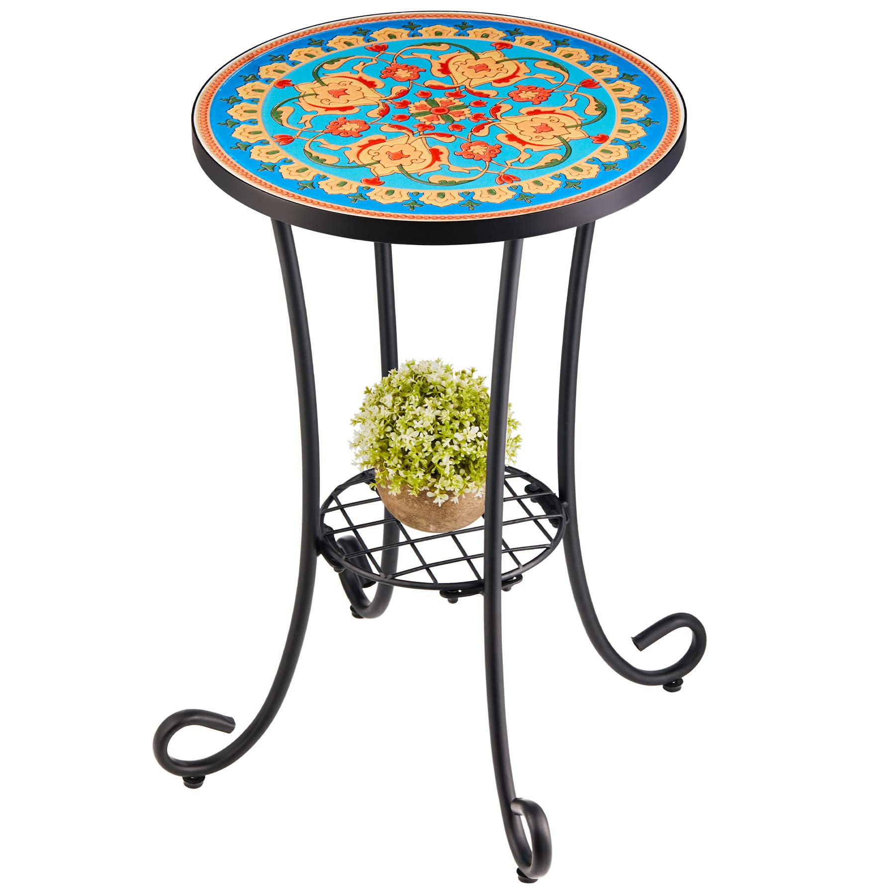 Side Table and Plant Stand, 21" End Table with 14" Ceramic Tile Top for Porch Garden Decor